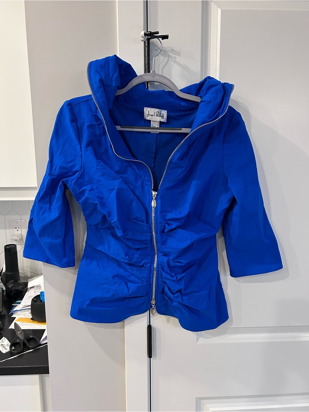 Joseph Ribkoff Royal Blue Zip Front Jacket Ruched Waist Designer Blazer Layering
